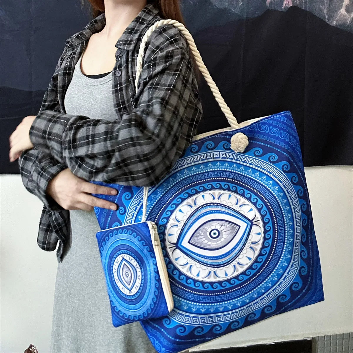 1pcs Evil Eye Women's Beach Bag Polyester Large Capacity Tote Shoulder Bag Customizable Logo Seaside Travel Bag