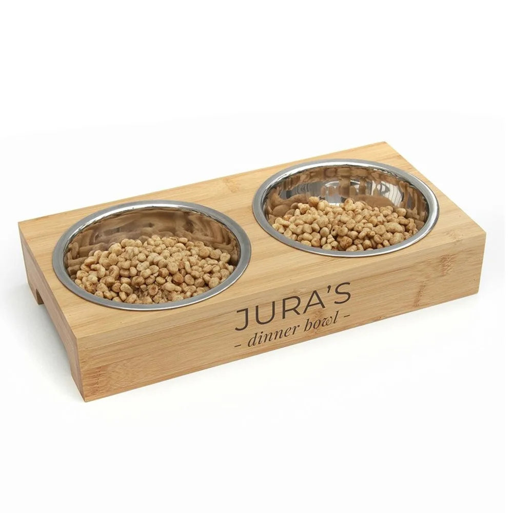 Customized Personalized Bamboo Wood Dining Table Pet Double Bowl Cat Dog Stainless Steel Food Bowl Anti Knockover Pet Supplies