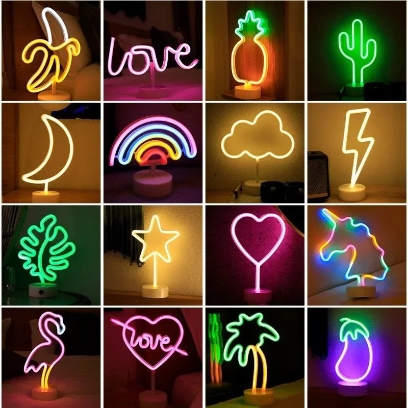 Battery/USB LED Neon Night Light Sign Flamingo Coconut Tree Cactus Table Lamp Kids Birthday Gifts Bedroom Christmas Art Decor