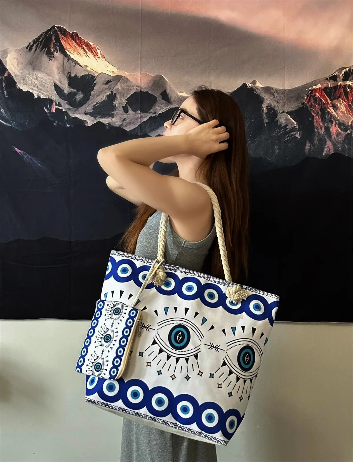 1pcs Evil Eye Women's Beach Bag Polyester Large Capacity Tote Shoulder Bag Customizable Logo Seaside Travel Bag
