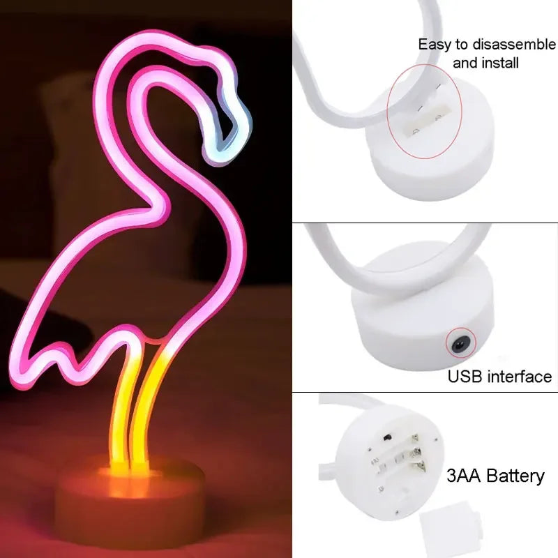 Battery/USB LED Neon Night Light Sign Flamingo Coconut Tree Cactus Table Lamp Kids Birthday Gifts Bedroom Christmas Art Decor