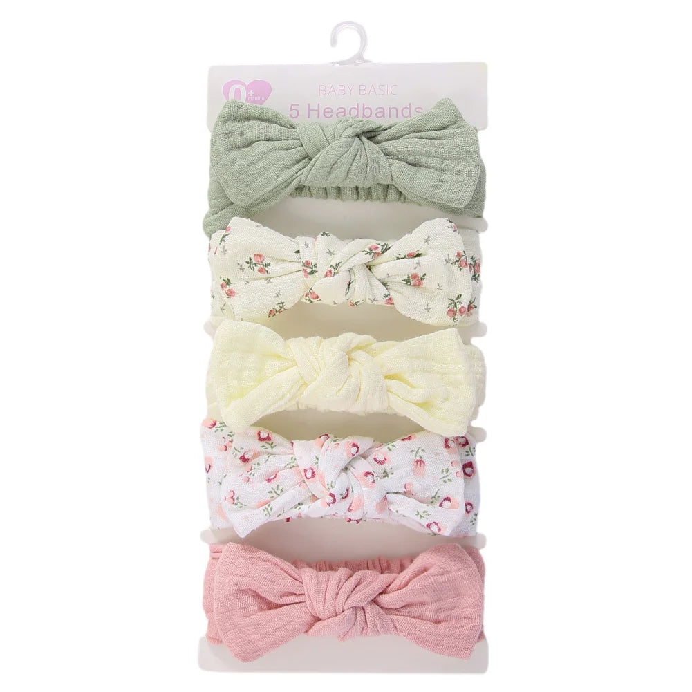 5Pcs/Set Solid Muslin Cotton Linen Baby Headband Elastic Rabbit Ear Hair Band Infant Girl Turban Headwraps Stretch Accessories