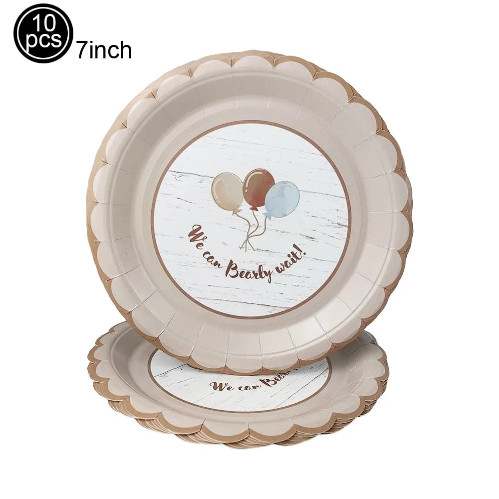 Blue Brown Bear Theme Party Decoration 7"/9"Plate Napkin Cup  DisposableTableware for Baby Shower Bear Theme Birthday Decoration