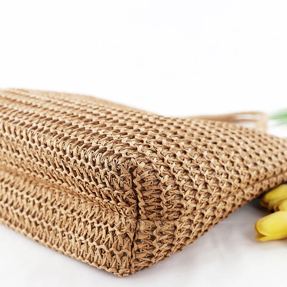 Women Straw Tote Handbag Large Capacity Crochet Beach Handbag Zipper Closure Retro Straw Handbag Ladies Summer Daily Bag
