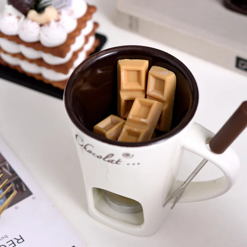 130ml Chocolate Fondue Cup European Candle Cup Ceramic Mug Heating Food Cheese Creative Coffee Mug With Fork Christmas Party
