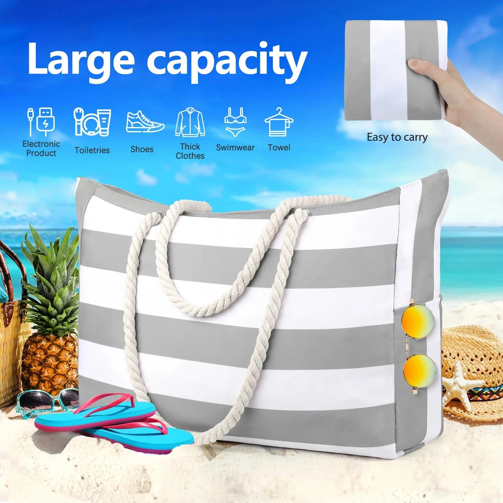 Bohemian Zipper Striped Shoulder Bags Large Capacity Canvas Outdoor Travel Tote Storage Women Camping Swim Pool Beach Bag