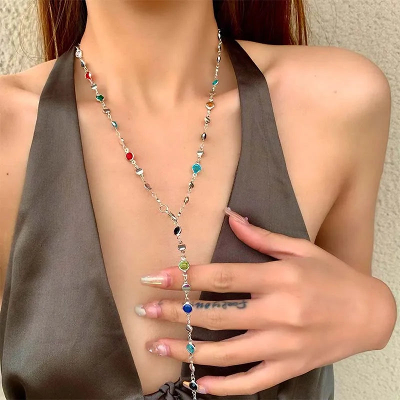 Fashion Sweater Chain Long Y-shaped Necklace for Women Simple Metal Gold Color Heart Crystal Clavicle Necklace Y2K Party Jewelry