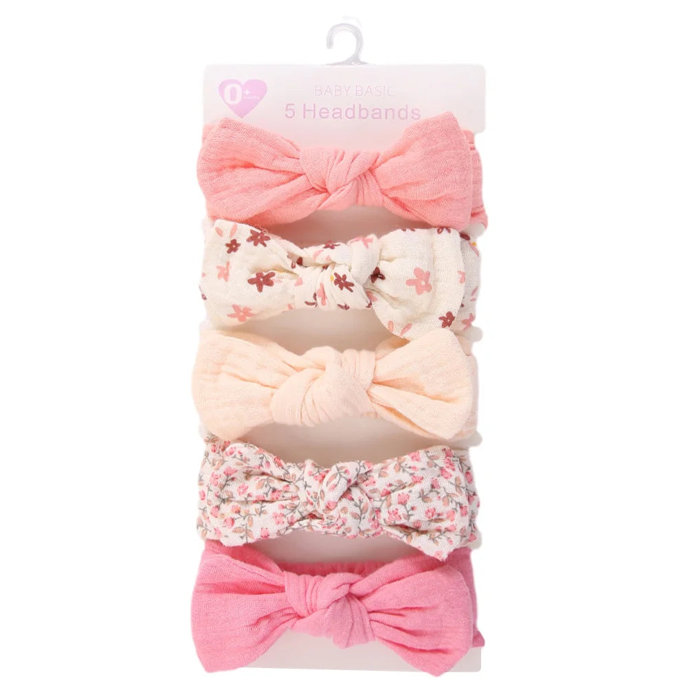 5Pcs/Set Solid Muslin Cotton Linen Baby Headband Elastic Rabbit Ear Hair Band Infant Girl Turban Headwraps Stretch Accessories