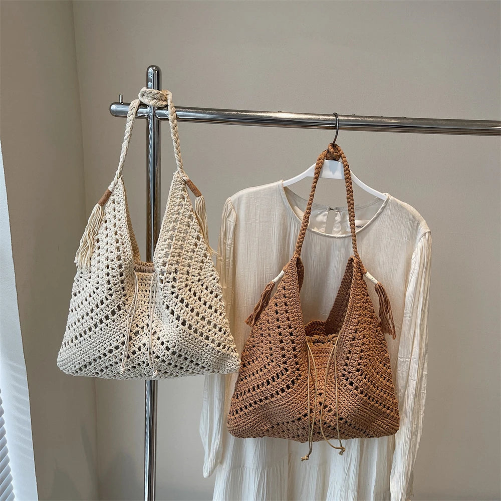 Crochet 2-IN-1 Shoulder Bag Set For Women Raffia Boho Rattan Summer Beach Vacation Tote Bags Knitted Design Handbags Female 2025