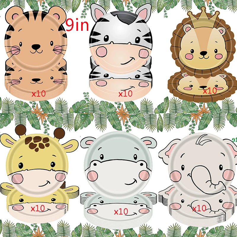 Jungle Animals Disposable Tableware Sets Lion Elephant Tiger Hippo Tablecloth Cups Plate Kids Birthday Safari Party Decoration