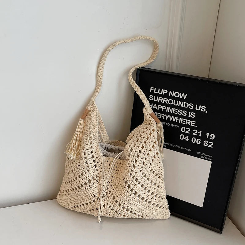 Crochet 2-IN-1 Shoulder Bag Set For Women Raffia Boho Rattan Summer Beach Vacation Tote Bags Knitted Design Handbags Female 2025