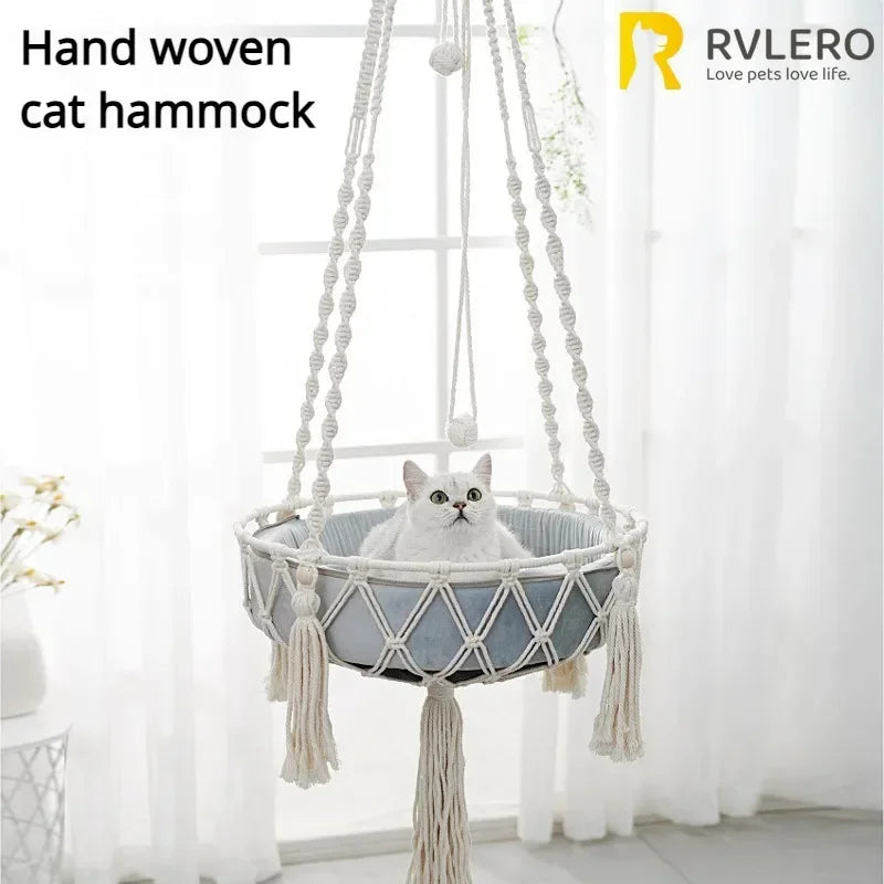 New Pet Hammock Cat Swing Hand Woven Cotton Rope Hanging Basket for Indoor Cats Kitten Cozy Nest Pets Supplies
