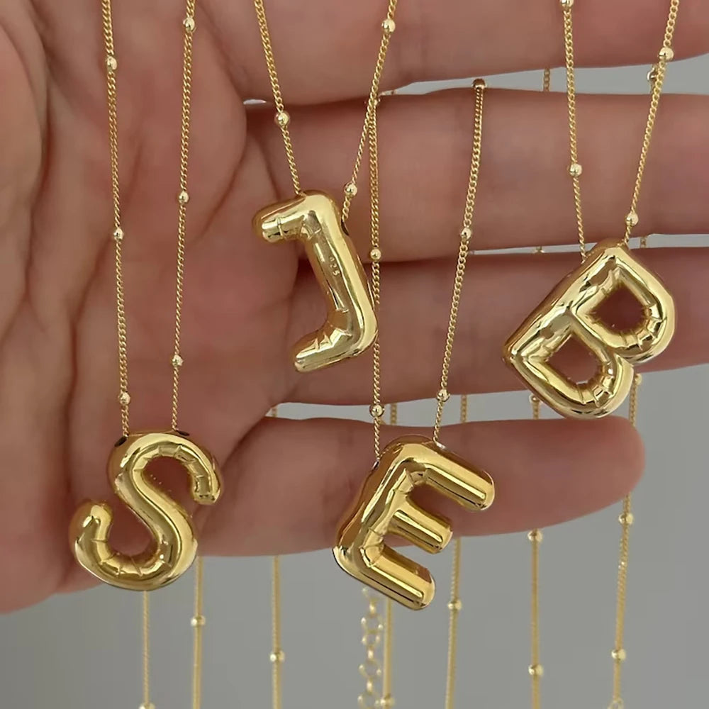 Delicate Chunky Alphabet Balloon Bubble Initial Letter Pendant Necklace for Women Men Stainless Steel Gold Plated Necklaces