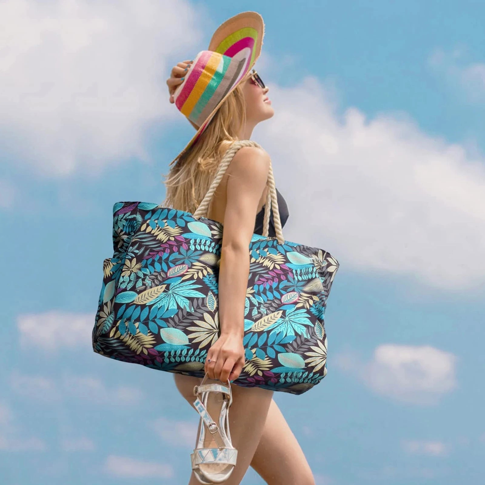 Bohemian Zipper Striped Shoulder Bags Large Capacity Canvas Outdoor Travel Tote Storage Women Camping Swim Pool Beach Bag