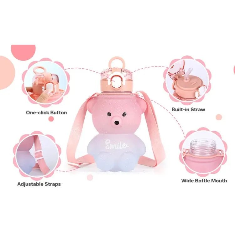 Kawaii Bear Water Straw Bottle 700ml Cute Kids Portable Leakproof Drinking Cups with Strap for Girl School Outdoor Traveling