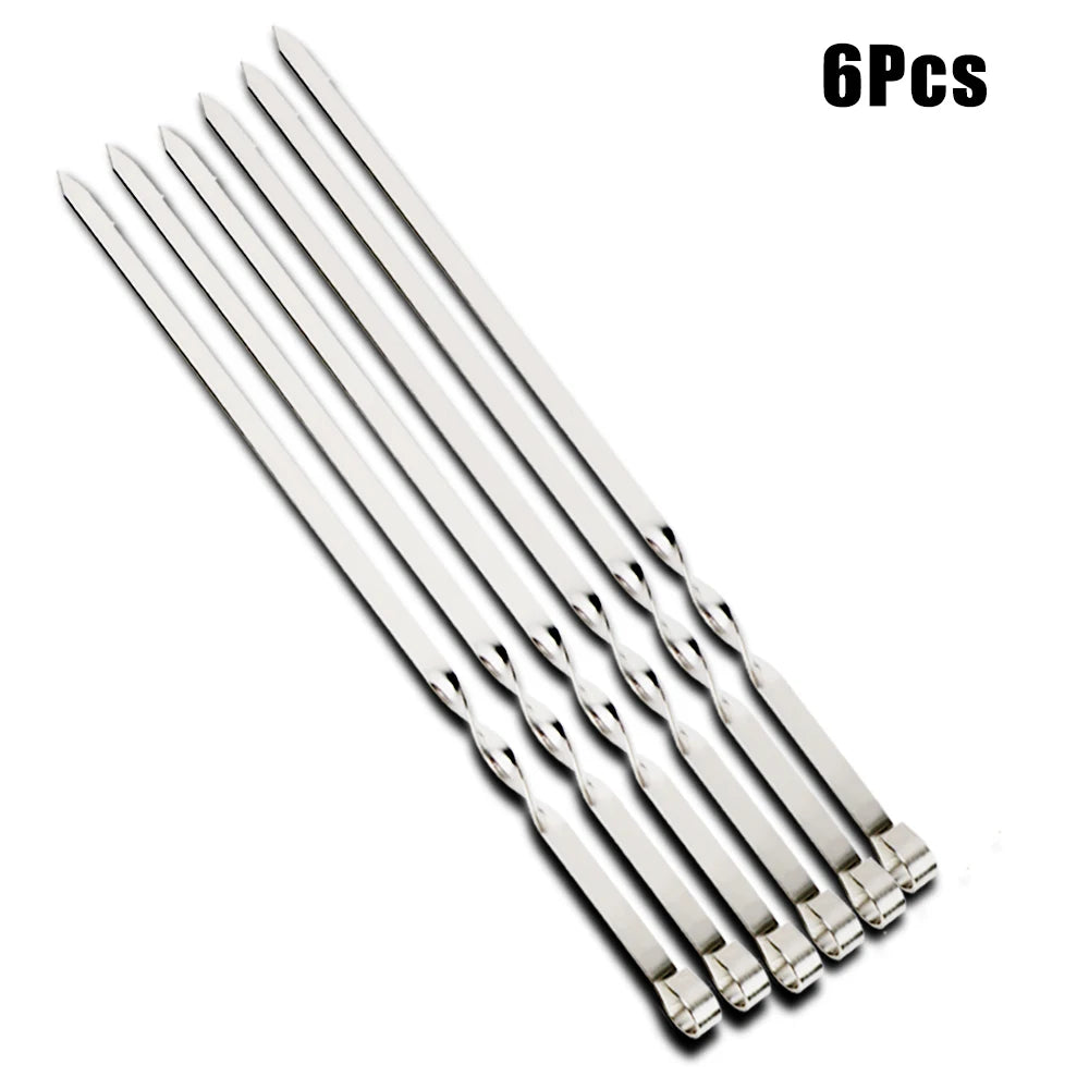 Stainless Steel Barbecue Skewer 6Pcs Wide BBQ Sticks Flat BBQ Fork Outdoor Camping Picnic BBQ Utensil Kitchen Accessories