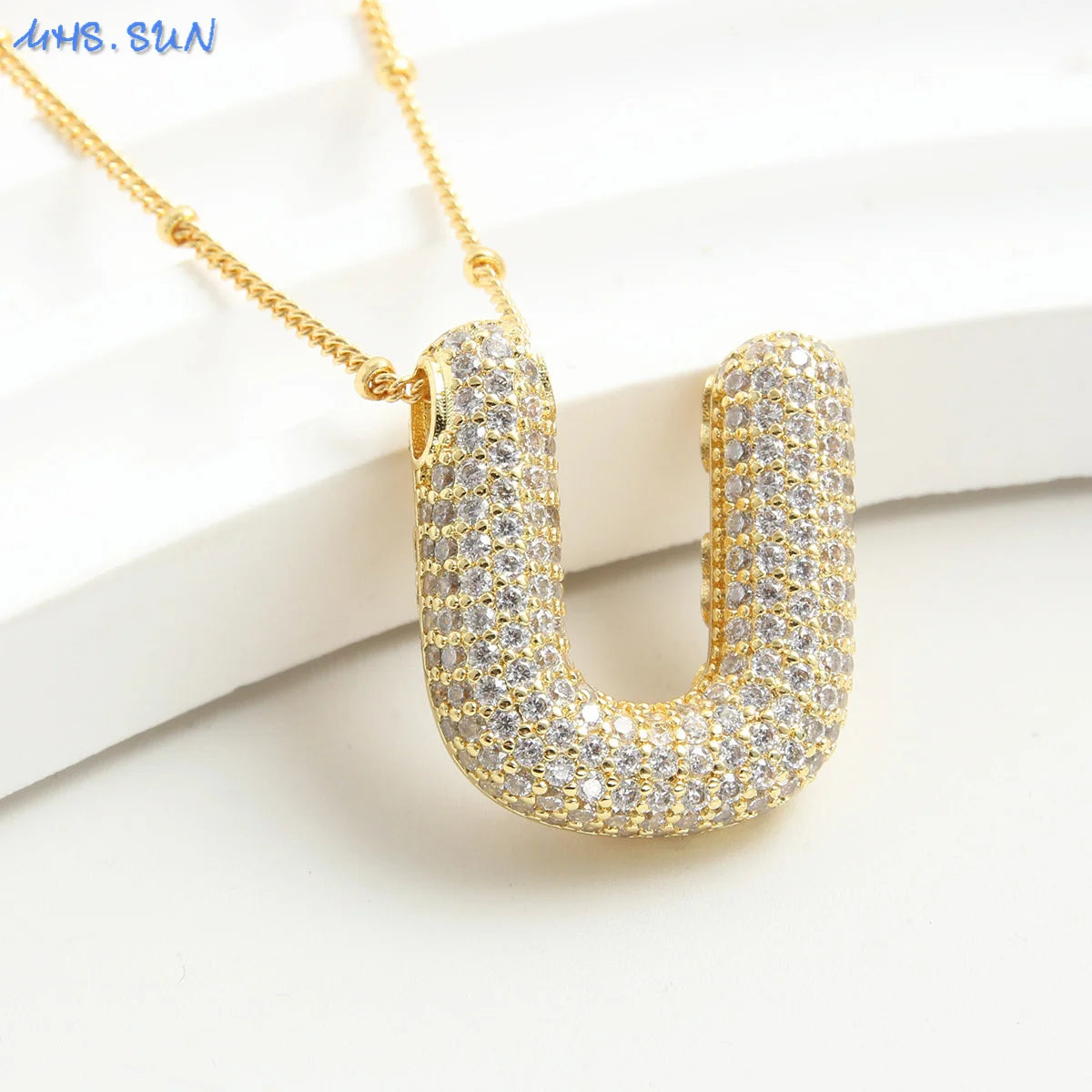MHS.SUN Gold Plated Balloon 26 Letter Necklaces Copper Zircon Bubble Initial Pendant Chunky Women Personality Chain Jewelry