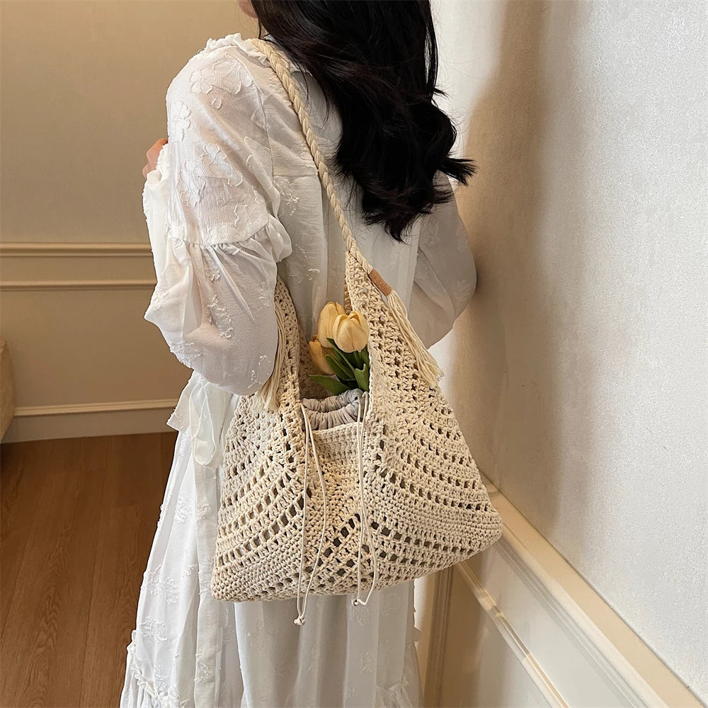 Crochet 2-IN-1 Shoulder Bag Set For Women Raffia Boho Rattan Summer Beach Vacation Tote Bags Knitted Design Handbags Female 2025