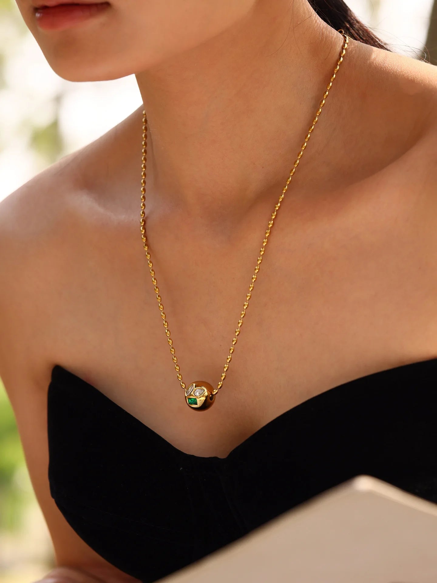 Shiny Red Green Zircon Necklace Womens Stainless Steel Gold Plated Beaded Chain Ball Pendant Necklace Female Luxury Jewellery