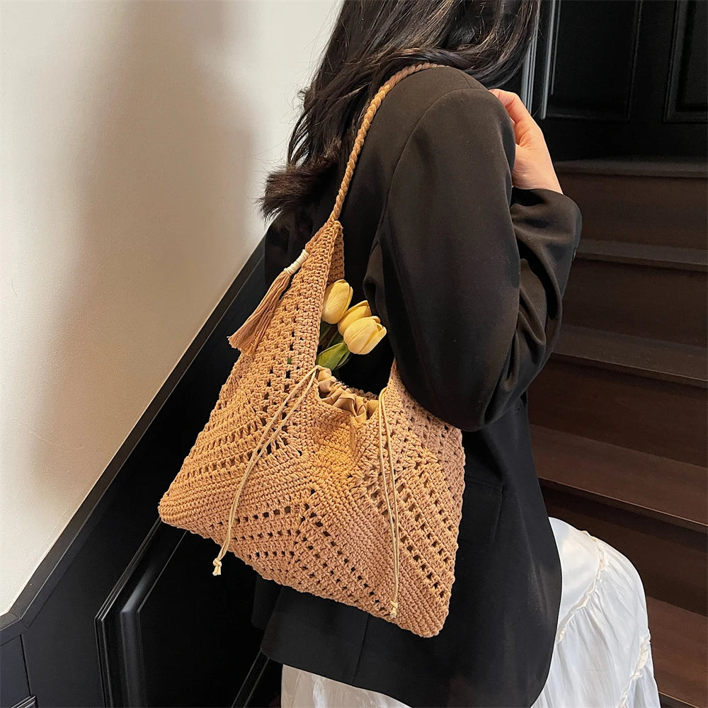 Crochet 2-IN-1 Shoulder Bag Set For Women Raffia Boho Rattan Summer Beach Vacation Tote Bags Knitted Design Handbags Female 2025
