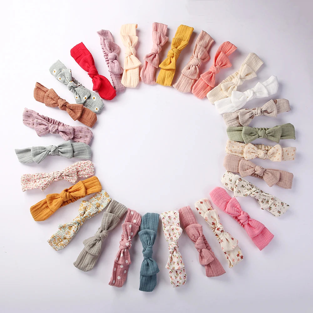 5Pcs/Set Solid Muslin Cotton Linen Baby Headband Elastic Rabbit Ear Hair Band Infant Girl Turban Headwraps Stretch Accessories