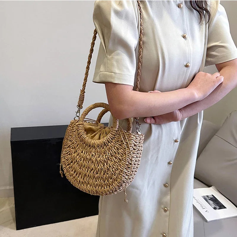 Handwoven Straw Rattan Half-Moon Beach Handbag Large Capacity Women Summer Hollow Out Crossbody Shoulder Bag  crossbody bags