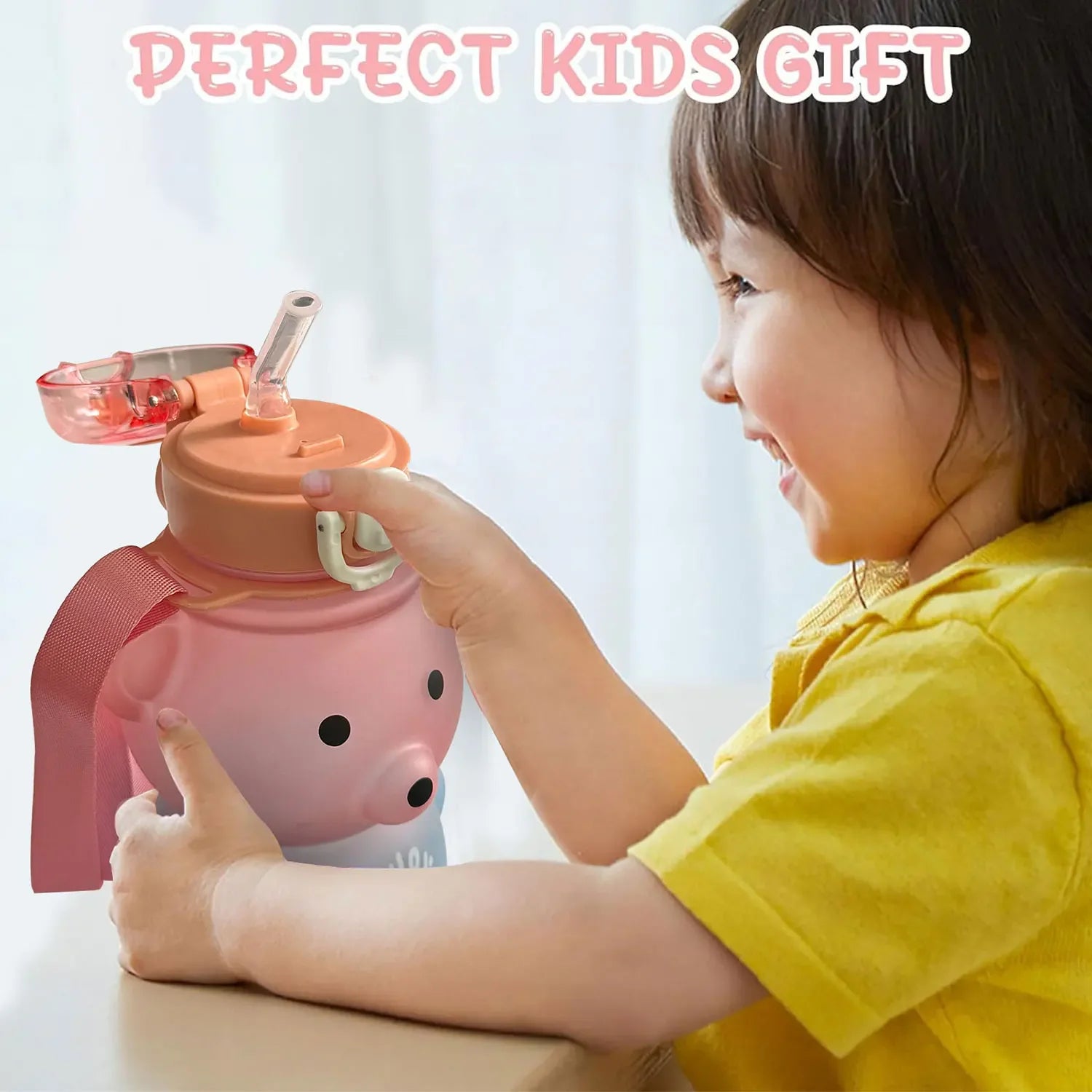 Kawaii Bear Water Straw Bottle 700ml Cute Kids Portable Leakproof Drinking Cups with Strap for Girl School Outdoor Traveling