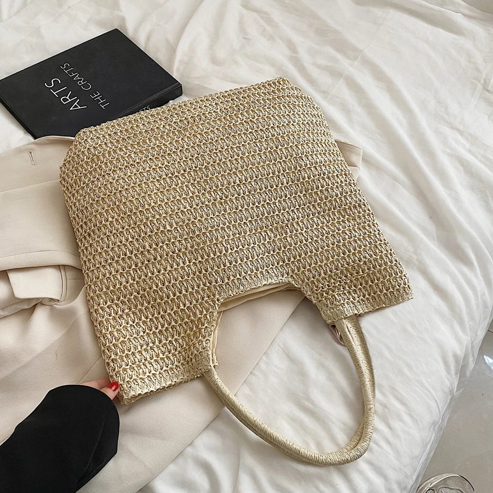 Women Straw Tote Handbag Large Capacity Crochet Beach Handbag Zipper Closure Retro Straw Handbag Ladies Summer Daily Bag