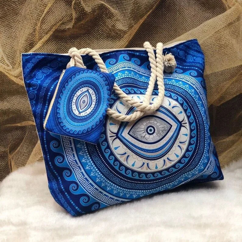 1pcs Evil Eye Women's Beach Bag Polyester Large Capacity Tote Shoulder Bag Customizable Logo Seaside Travel Bag