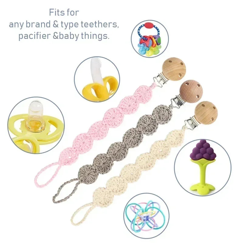 Vintage Simple Crochet Pacifier Chain for Newborn Teething Soother Chew Dummy Clips Hand Made Clip Baby Cotton Tassel Pacifier