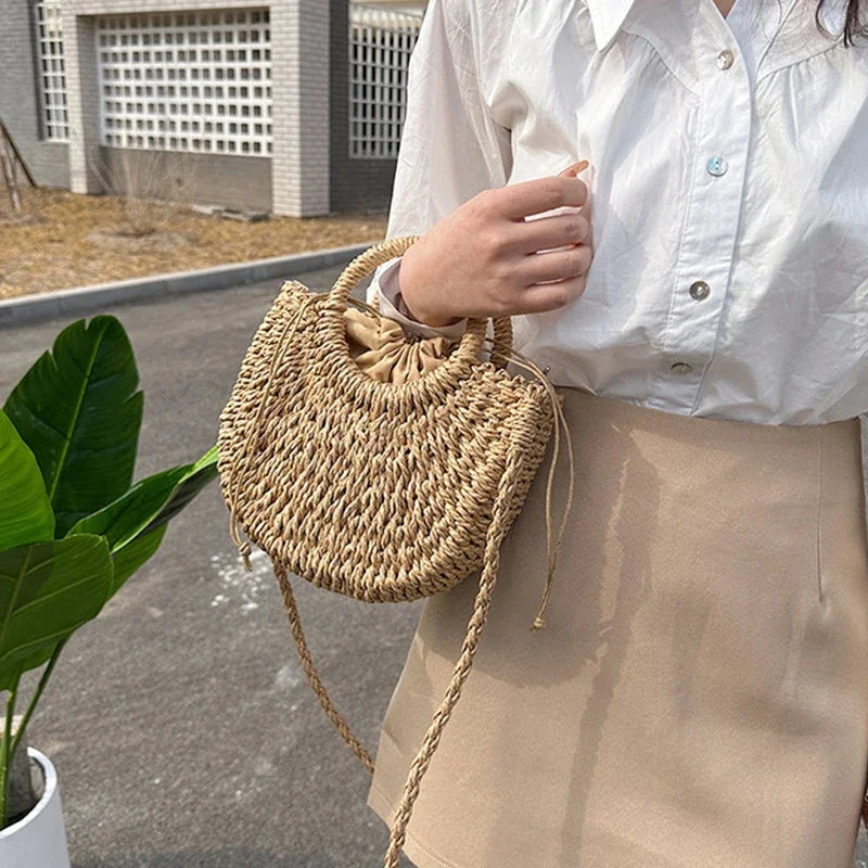 Handwoven Straw Rattan Half-Moon Beach Handbag Large Capacity Women Summer Hollow Out Crossbody Shoulder Bag  crossbody bags