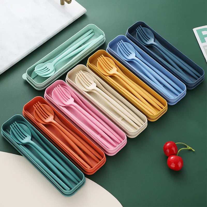 4-piece Wheat Straw Tableware Knives Forks Spoons Chopsticks New Portuguese Plastic Portable Tableware Set Dinnerware Set