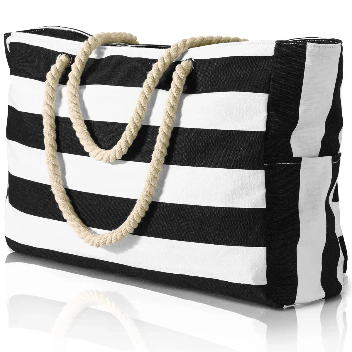 Bohemian Zipper Striped Shoulder Bags Large Capacity Canvas Outdoor Travel Tote Storage Women Camping Swim Pool Beach Bag