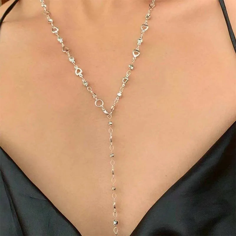 Fashion Sweater Chain Long Y-shaped Necklace for Women Simple Metal Gold Color Heart Crystal Clavicle Necklace Y2K Party Jewelry
