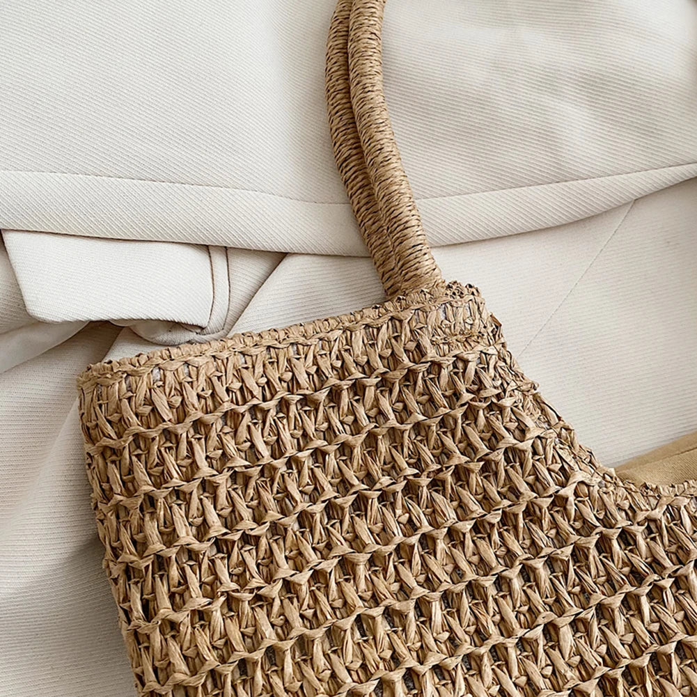 Women Straw Tote Handbag Large Capacity Crochet Beach Handbag Zipper Closure Retro Straw Handbag Ladies Summer Daily Bag