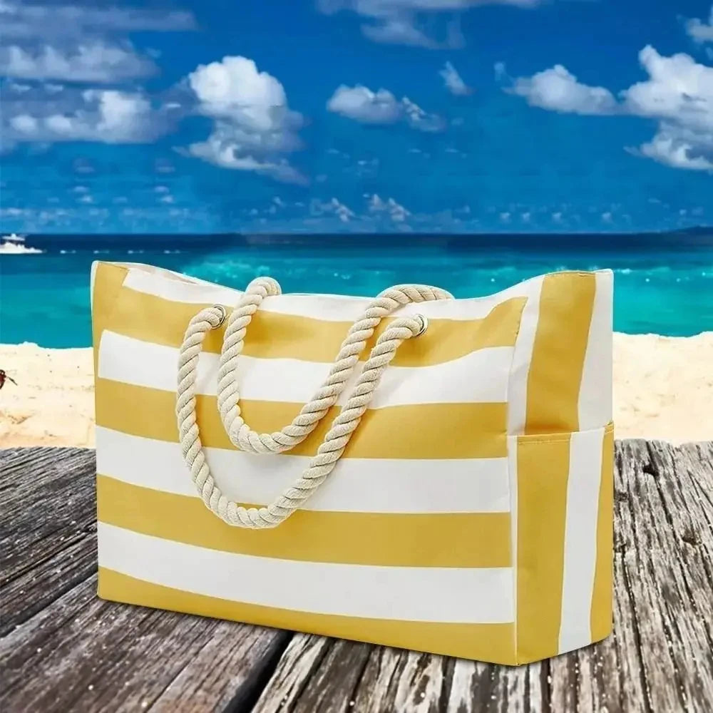 Bohemian Zipper Striped Shoulder Bags Large Capacity Canvas Outdoor Travel Tote Storage Women Camping Swim Pool Beach Bag