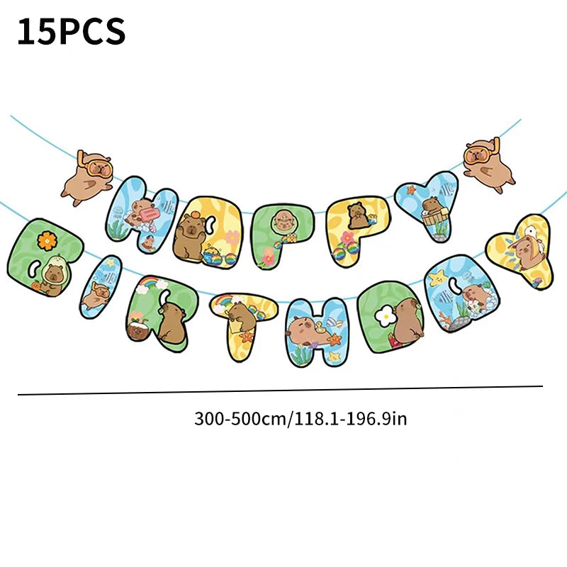 Capybara Theme Disposable Tableware Set Cartoon Capybara Tablecloth Cups Plates Napkin Happy Birthday Banner Kids Party Supplies