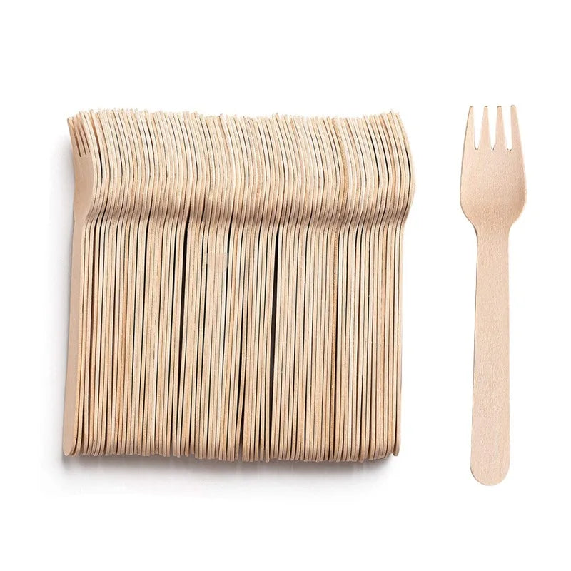 50/100PCS Disposable Wooden Forks Spoons Knives Parties Weddings Cafes Environmentally Friendly Disposable Wooden Tableware