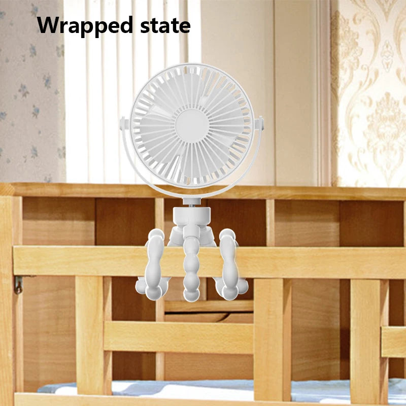Fan for Cart Stroller Fans Multi Functional Student Baby USB 3 Speeds Rechargeable Lithium Battery Octopus Mini Fan