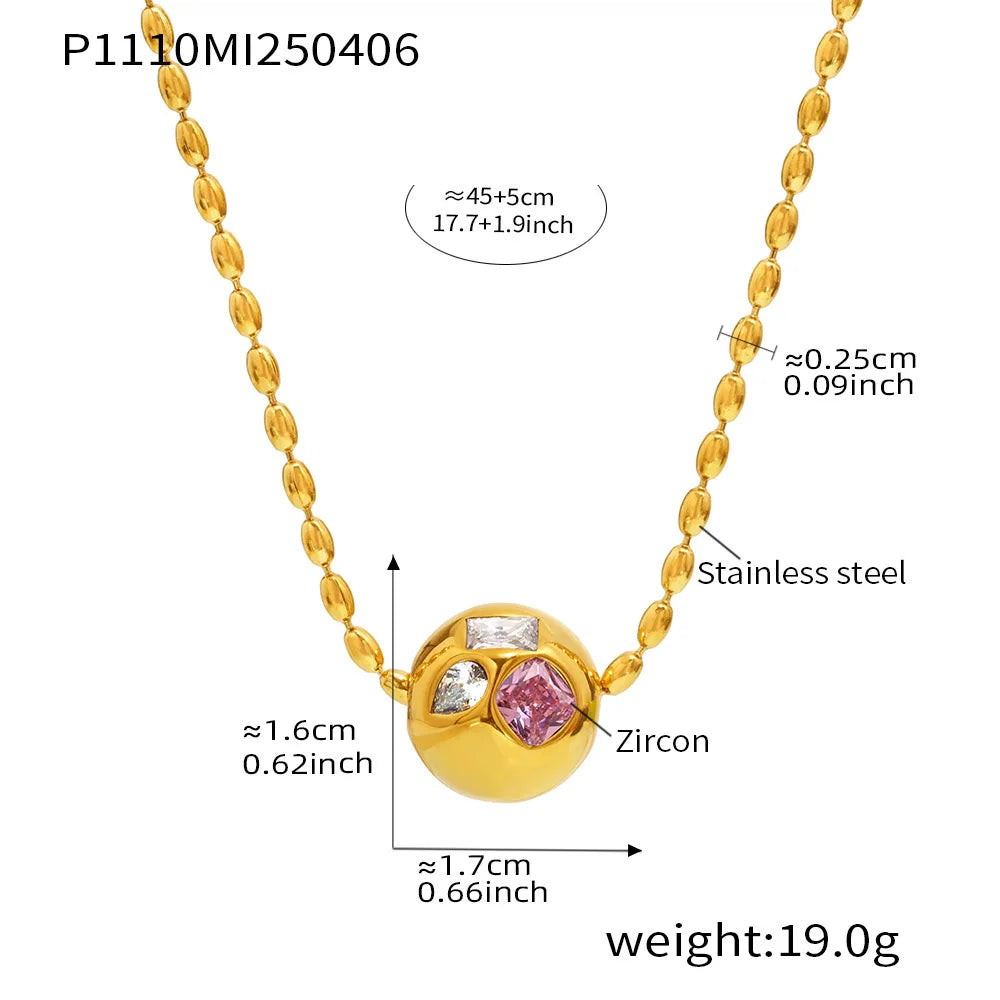 Shiny Red Green Zircon Necklace Womens Stainless Steel Gold Plated Beaded Chain Ball Pendant Necklace Female Luxury Jewellery