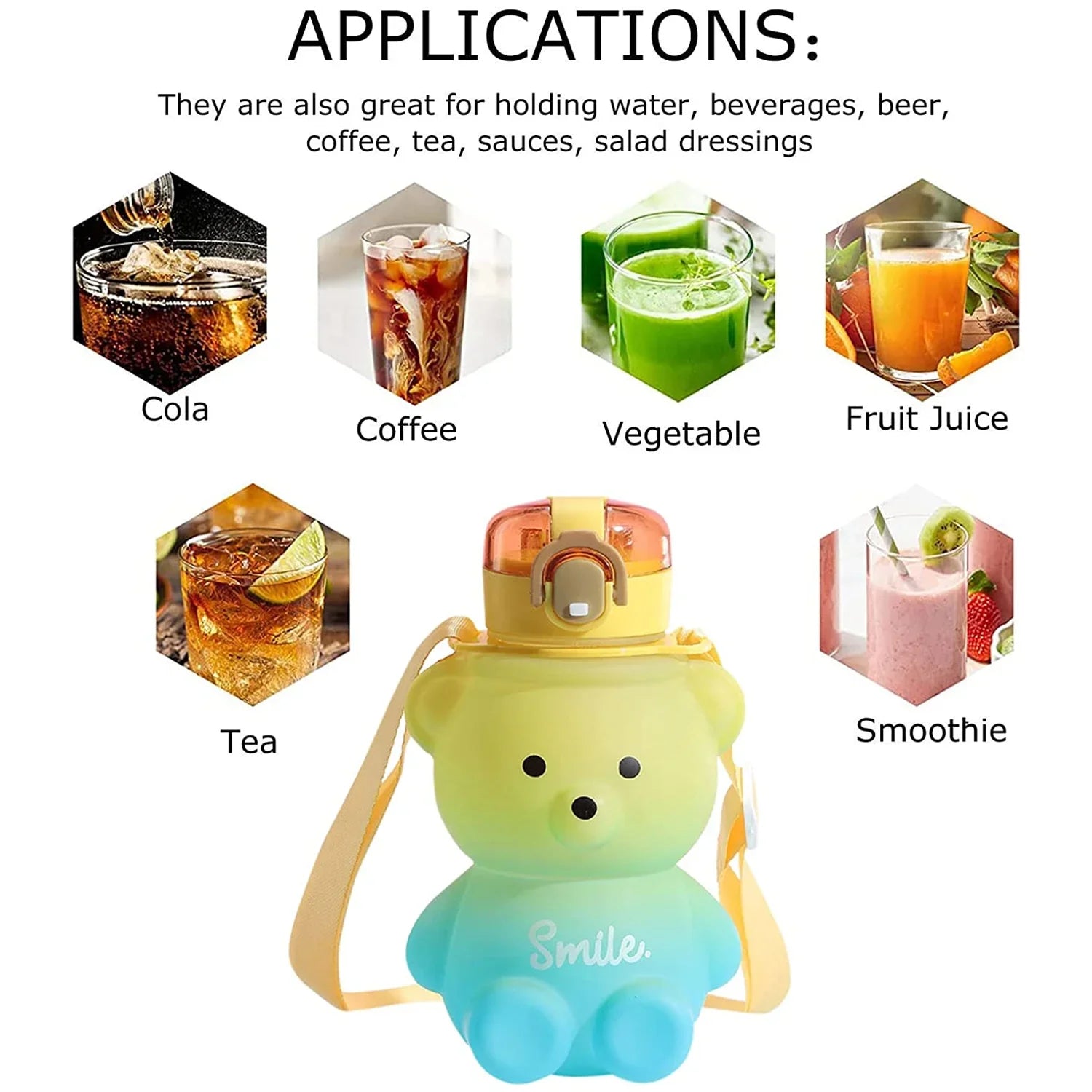 Kawaii Bear Water Straw Bottle 700ml Cute Kids Portable Leakproof Drinking Cups with Strap for Girl School Outdoor Traveling