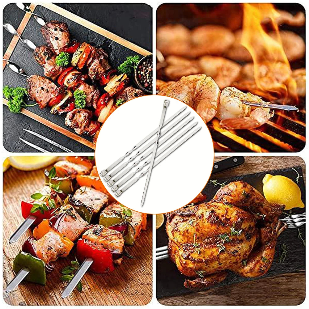 Stainless Steel Barbecue Skewer 6Pcs Wide BBQ Sticks Flat BBQ Fork Outdoor Camping Picnic BBQ Utensil Kitchen Accessories