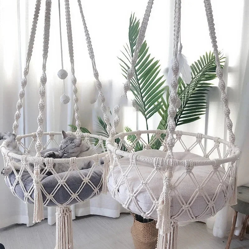 New Pet Hammock Cat Swing Hand Woven Cotton Rope Hanging Basket for Indoor Cats Kitten Cozy Nest Pets Supplies