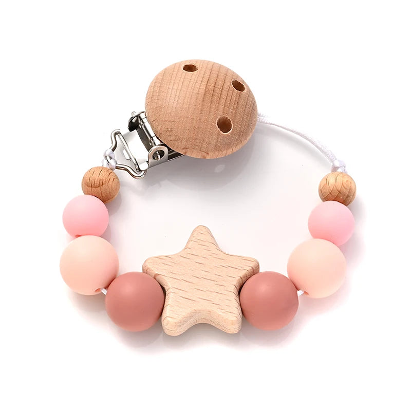 New Baby Pacifier Chain Clips Wood Pentagram Teether Silicone Round Beads Teething Chain For Care Soother Chew Toys Shower Gift