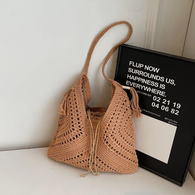 Crochet 2-IN-1 Shoulder Bag Set For Women Raffia Boho Rattan Summer Beach Vacation Tote Bags Knitted Design Handbags Female 2025