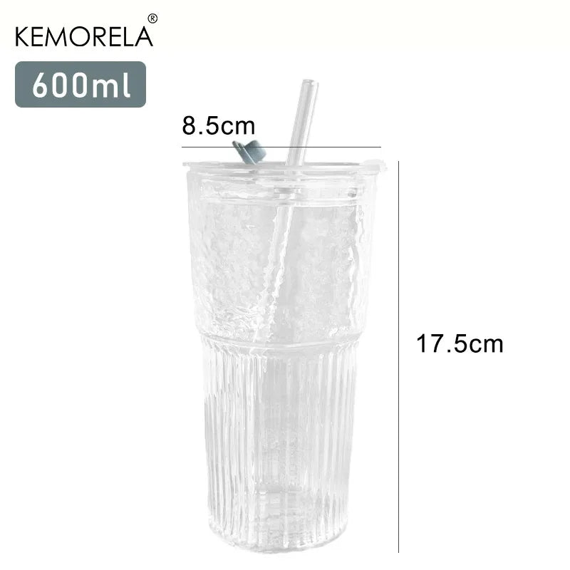 1/2PCS 600ml Stripe Glass Cup with Lid and Straw Transparent Drinking Glasses for Juice Water and Iced Coffee Cups Drinkware Mug