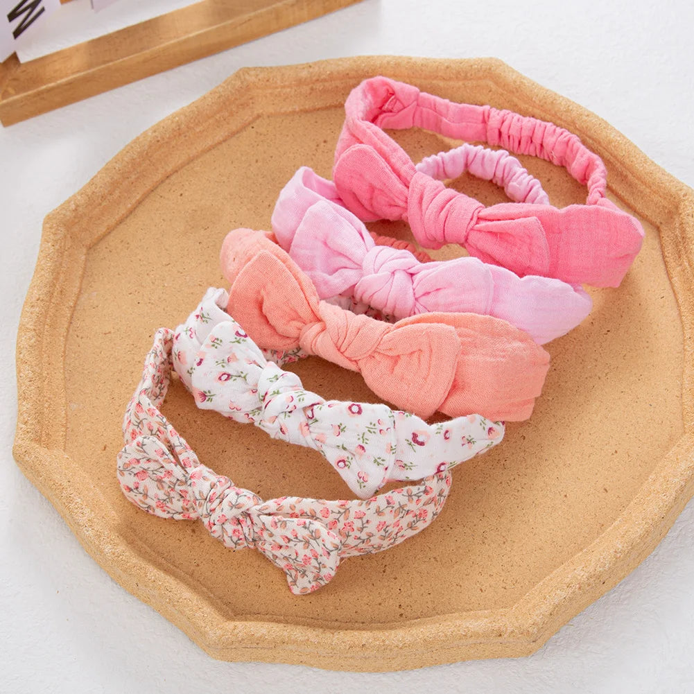 5Pcs/Set Solid Muslin Cotton Linen Baby Headband Elastic Rabbit Ear Hair Band Infant Girl Turban Headwraps Stretch Accessories