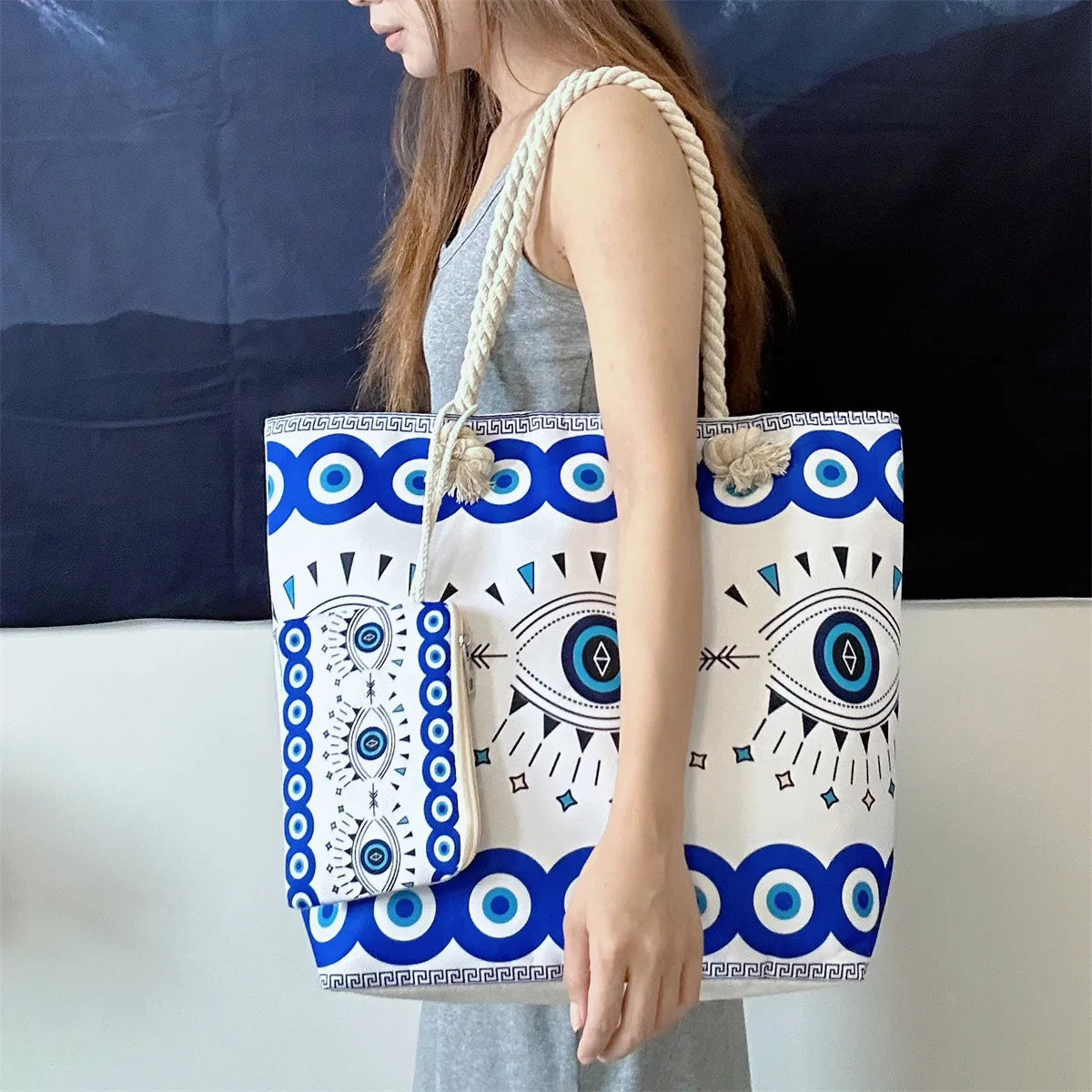 1pcs Evil Eye Women's Beach Bag Polyester Large Capacity Tote Shoulder Bag Customizable Logo Seaside Travel Bag
