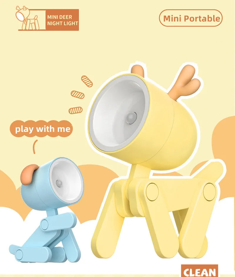 LED Night Light Mini Folding Desk Lamp Cute Pet Lights Dog Deer Portable Night Light Student Living Room Decor Gift