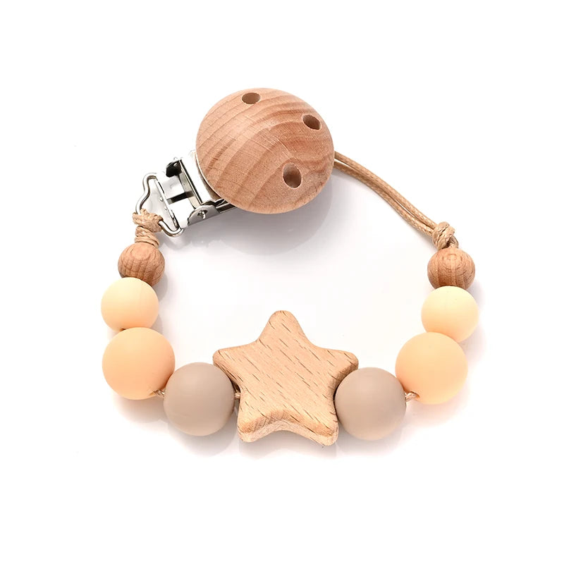 New Baby Pacifier Chain Clips Wood Pentagram Teether Silicone Round Beads Teething Chain For Care Soother Chew Toys Shower Gift